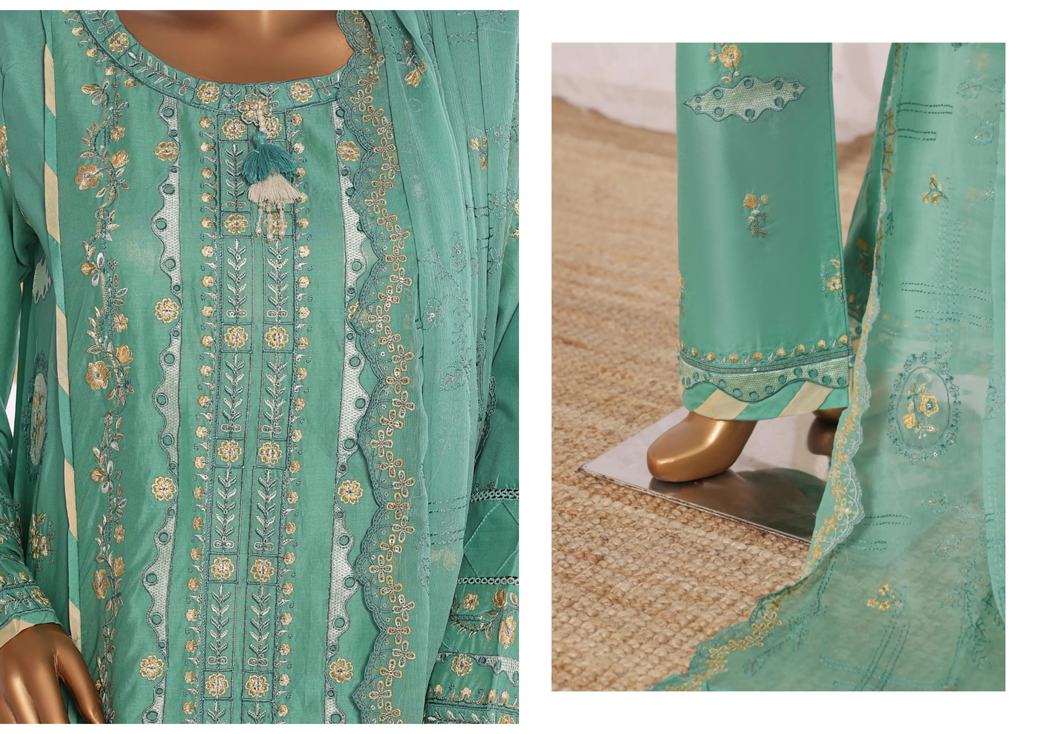 Luxury Bottle Green Embroidered 3 Piece Suit
