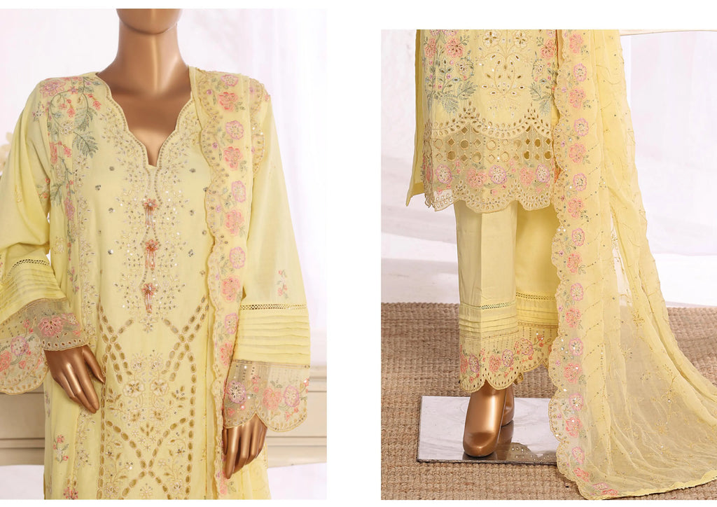 Luxury Butter Yellow Embroidered 3 Piece Suit