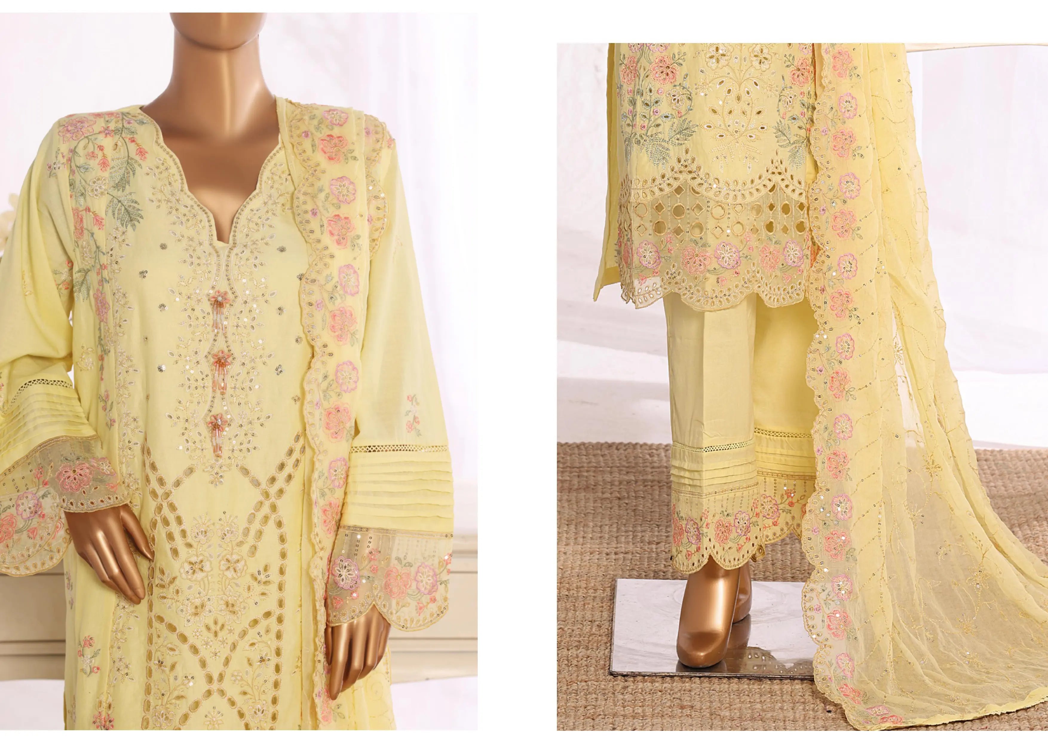 Luxury Butter Yellow Embroidered 3 Piece Suit
