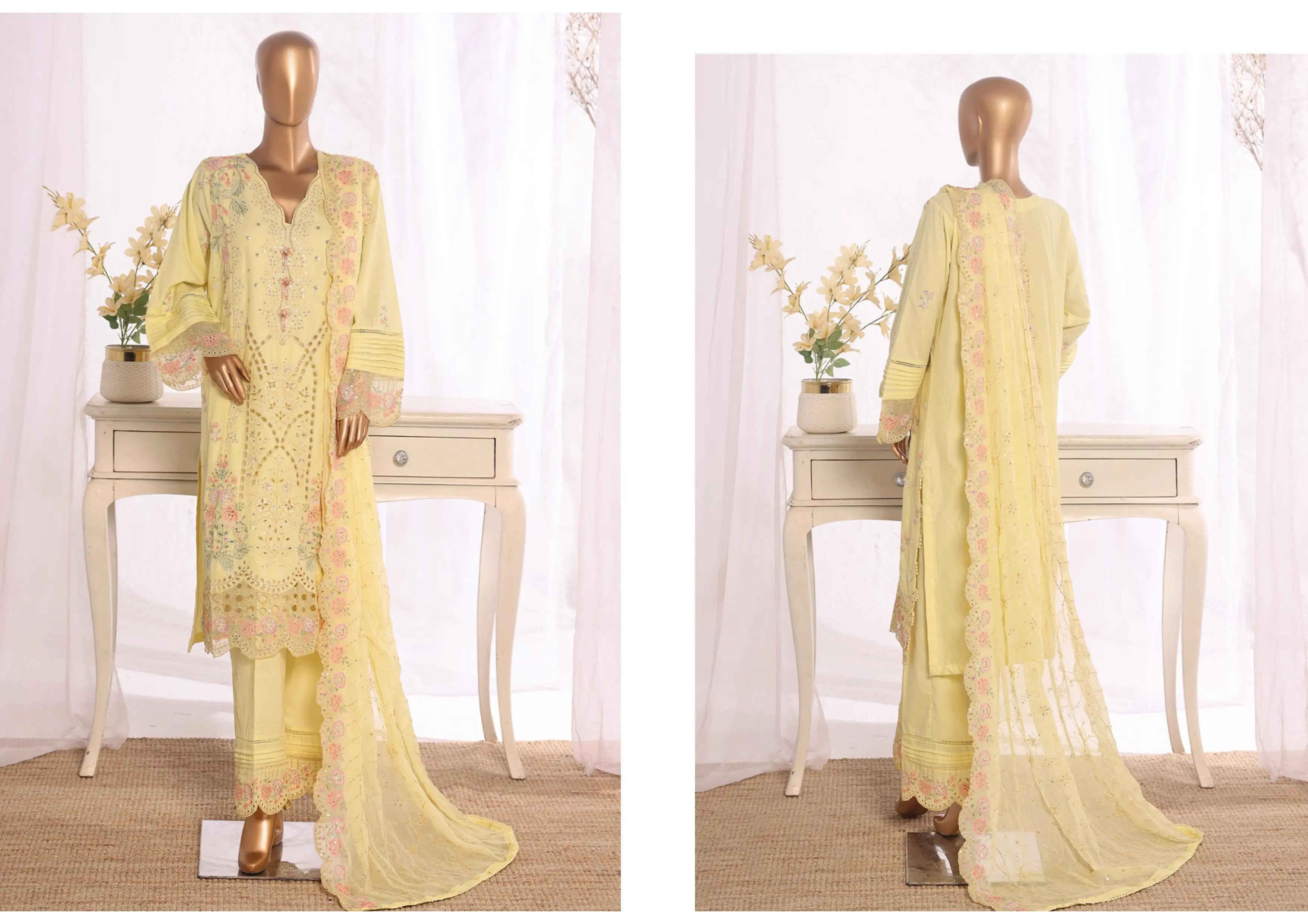 Luxury Butter Yellow Embroidered 3 Piece Suit