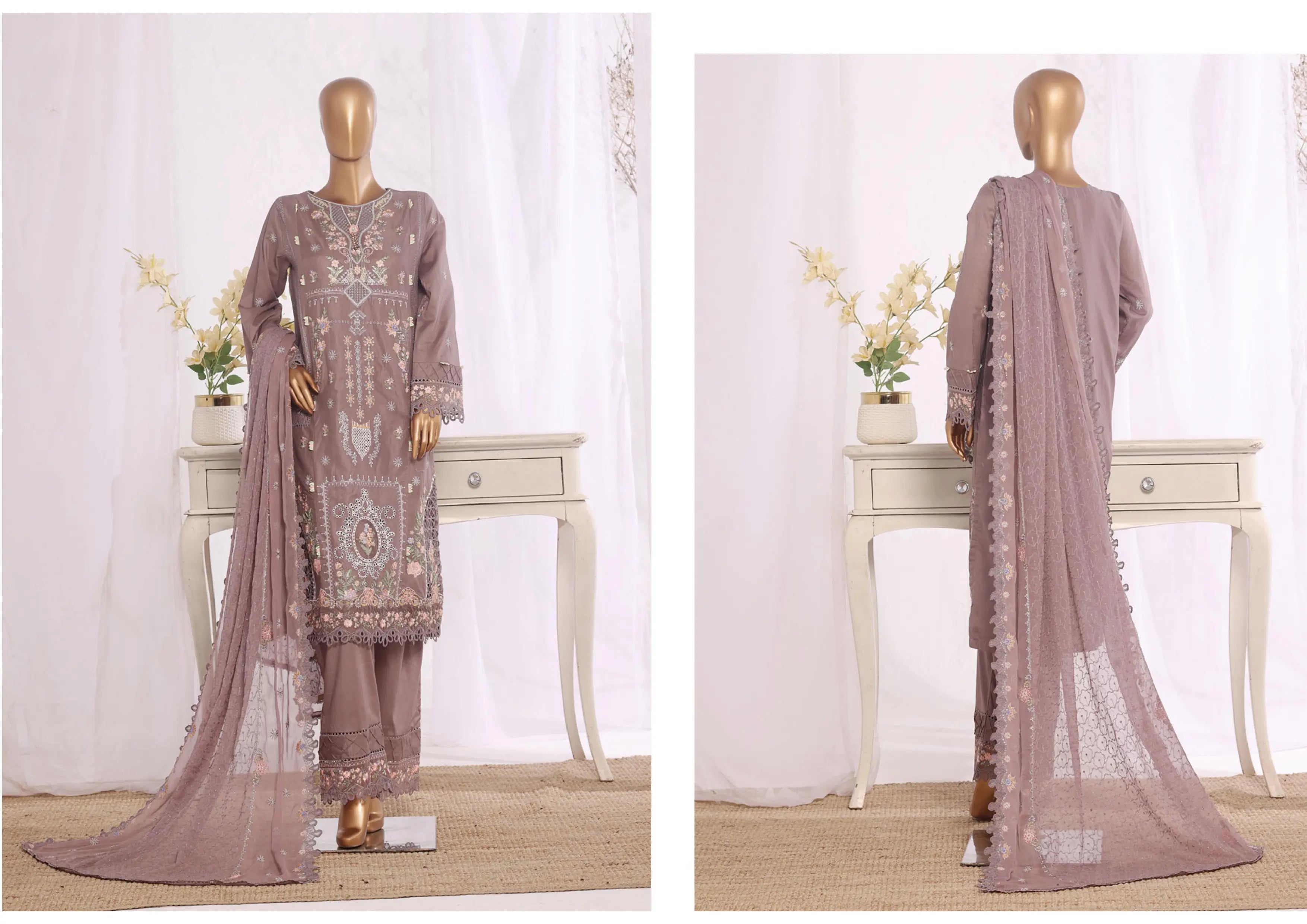 Luxury Dusty Mauve Embroidered 3 Piece Suit