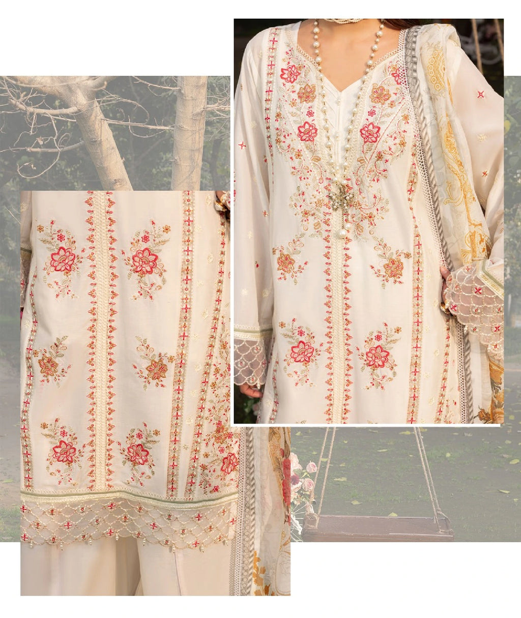 Ivory White Embroidered Lawn 3 Piece Suit with Floral Dupatta