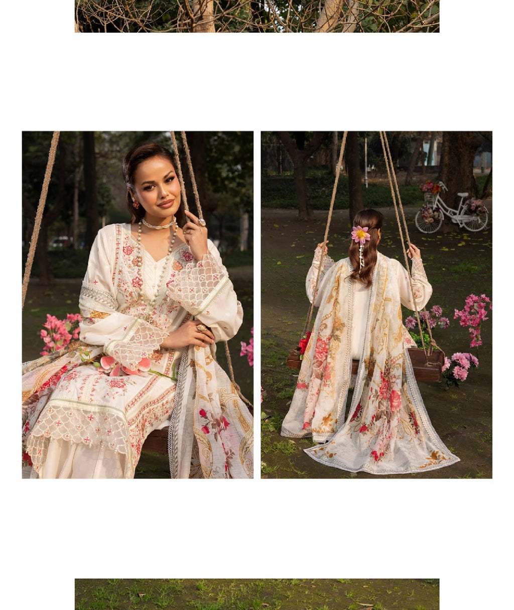 Ivory White Embroidered Lawn 3 Piece Suit with Floral Dupatta