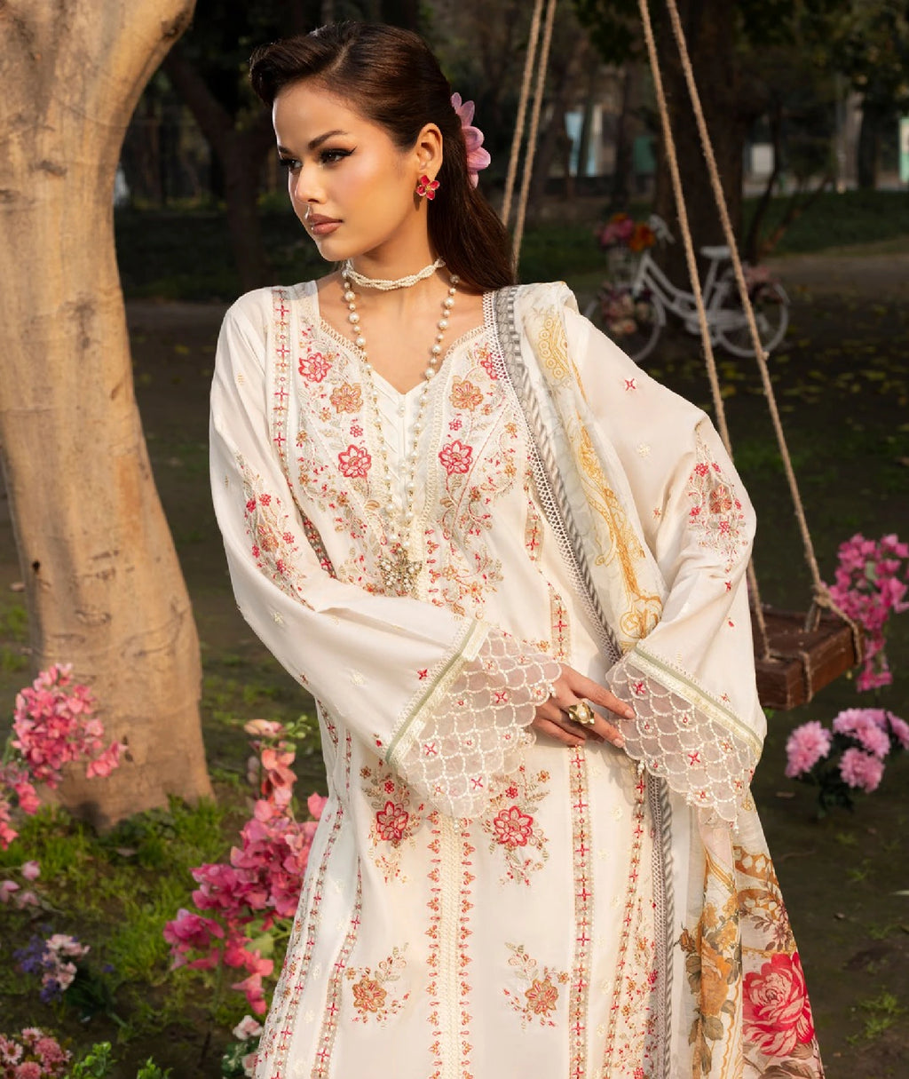 Ivory White Embroidered Lawn 3 Piece Suit with Floral Dupatta