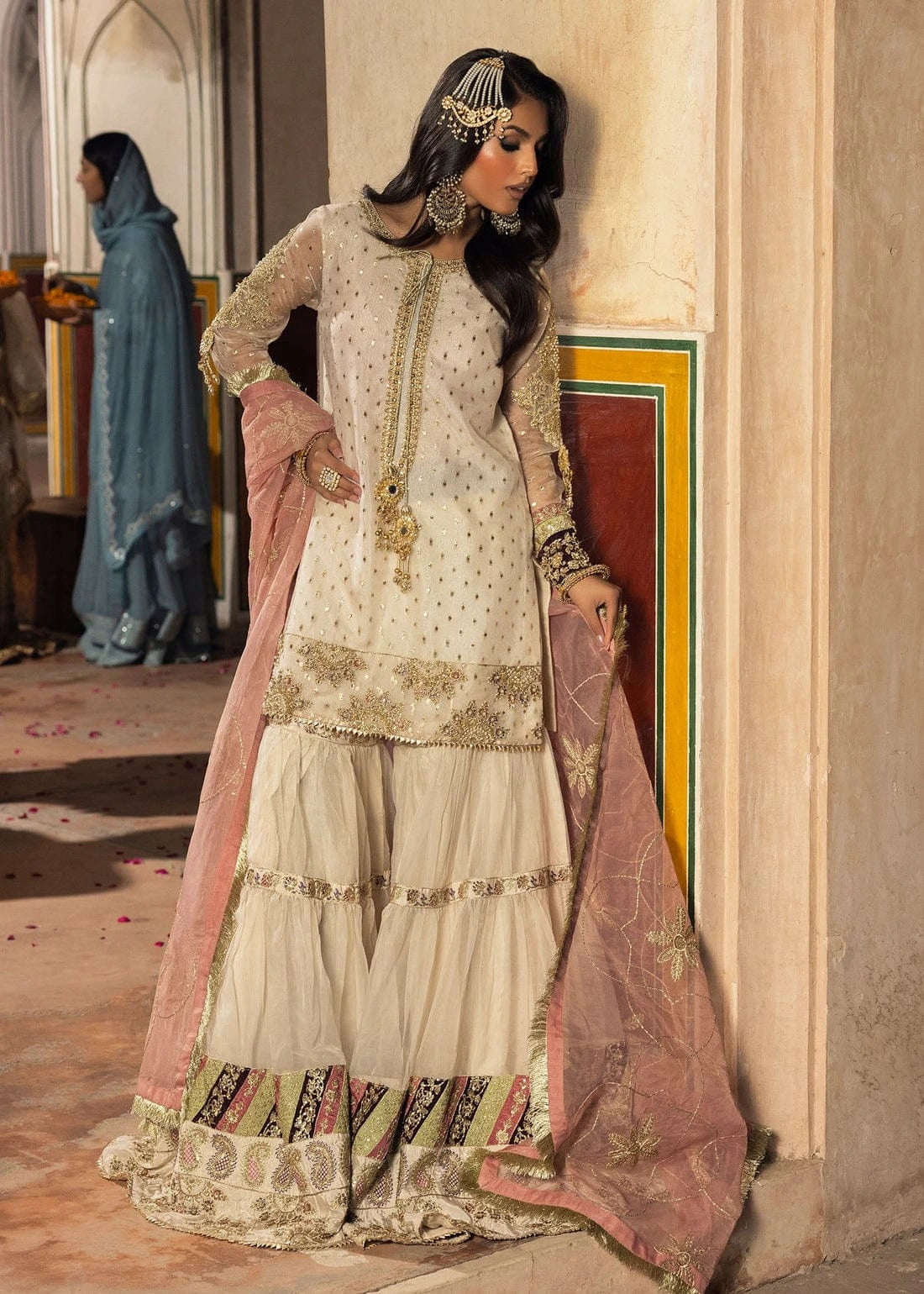 Ivory Embroidered Luxury Sharara Suit with Blush Pink Dupatta