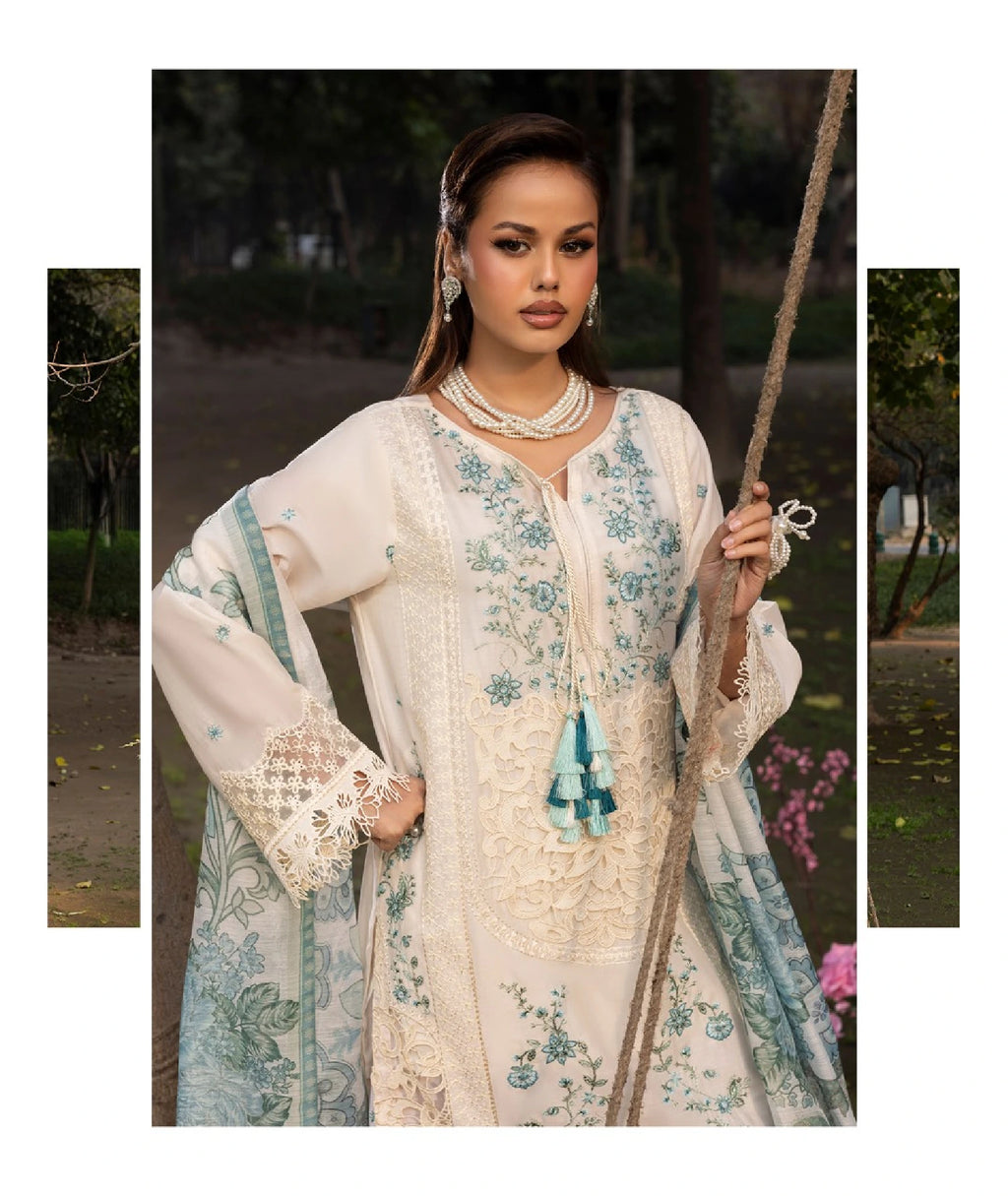 Ivory & Aqua Blue Embroidered Premium Lawn 3 Piece Suit | RASM UK