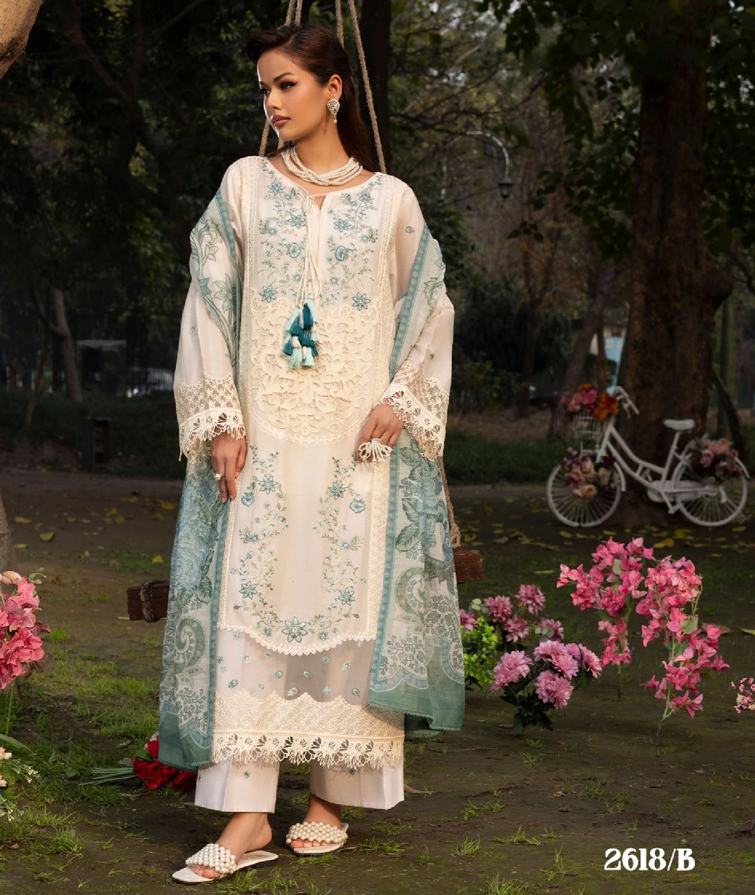 Ivory & Aqua Blue Embroidered Premium Lawn 3 Piece Suit | RASM UK