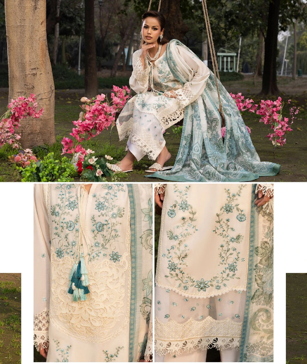Ivory & Aqua Blue Embroidered Premium Lawn 3 Piece Suit | RASM UK