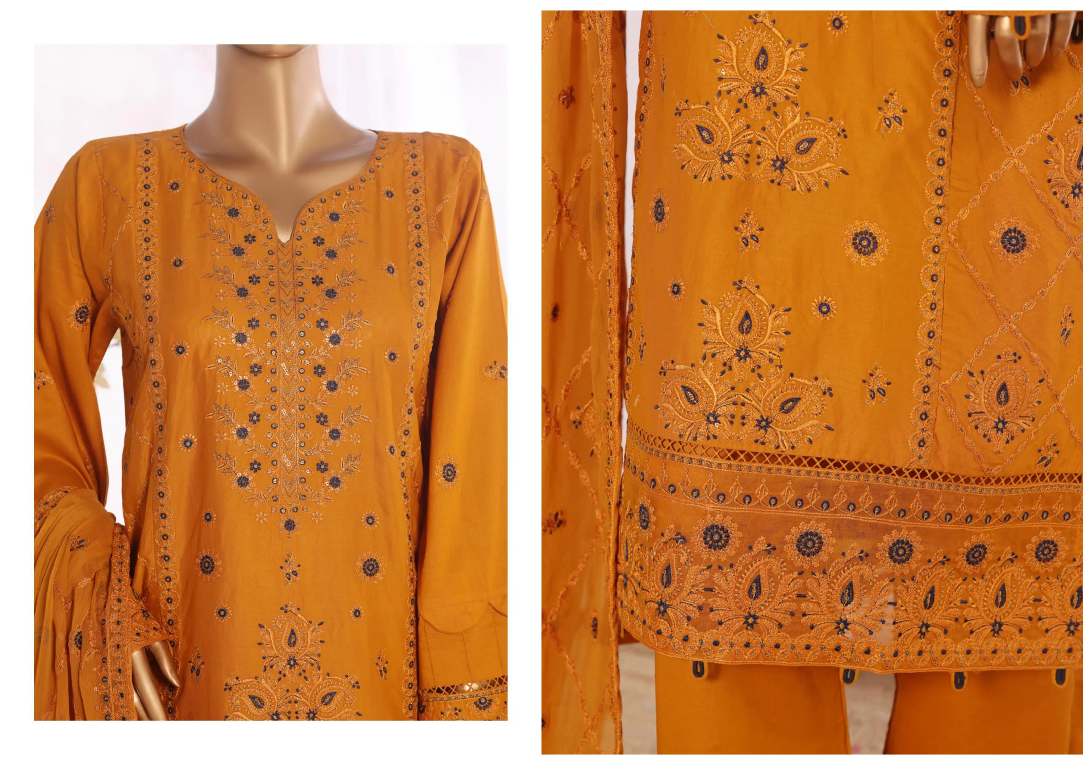 Luxury Deep Yellow Embroidered 3 Piece Suit
