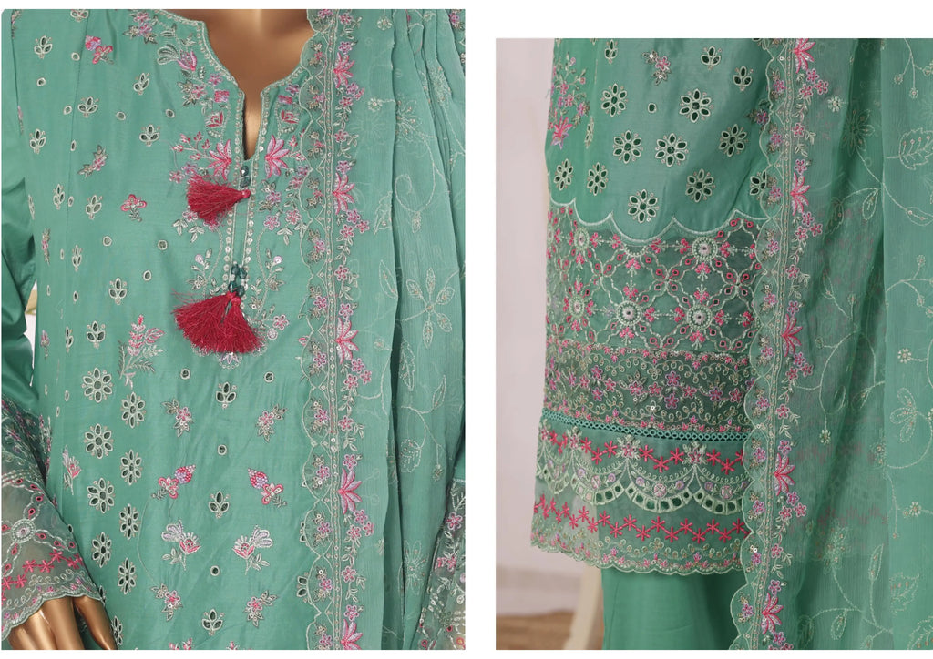Luxury Parrot Green Embroidered 3 Piece Suit