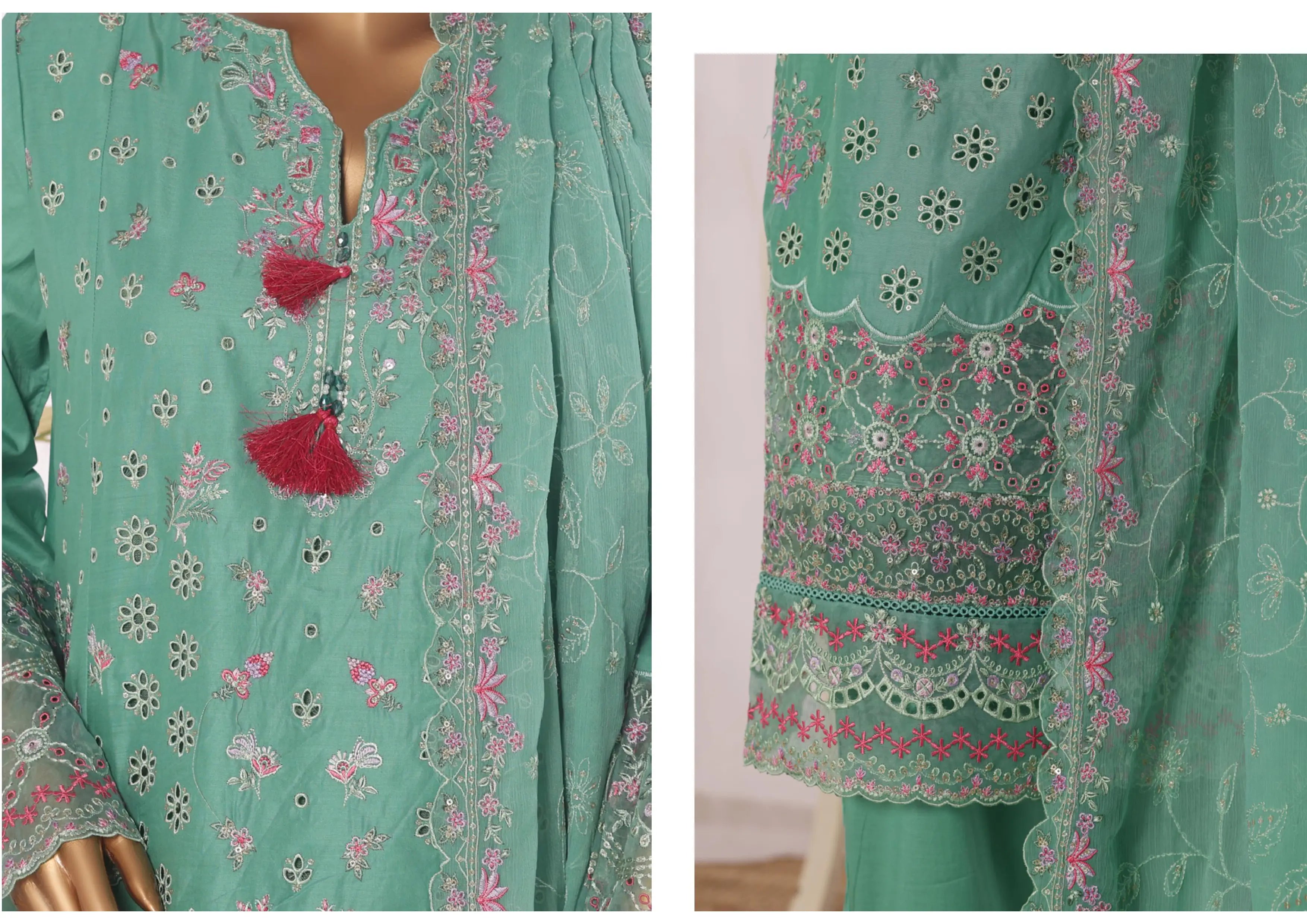 Luxury Parrot Green Embroidered 3 Piece Suit
