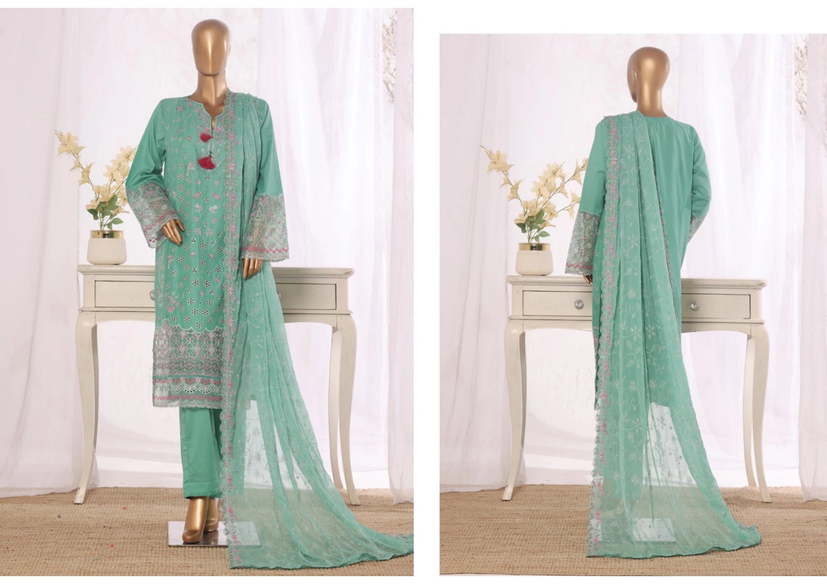 Luxury Parrot Green Embroidered 3 Piece Suit