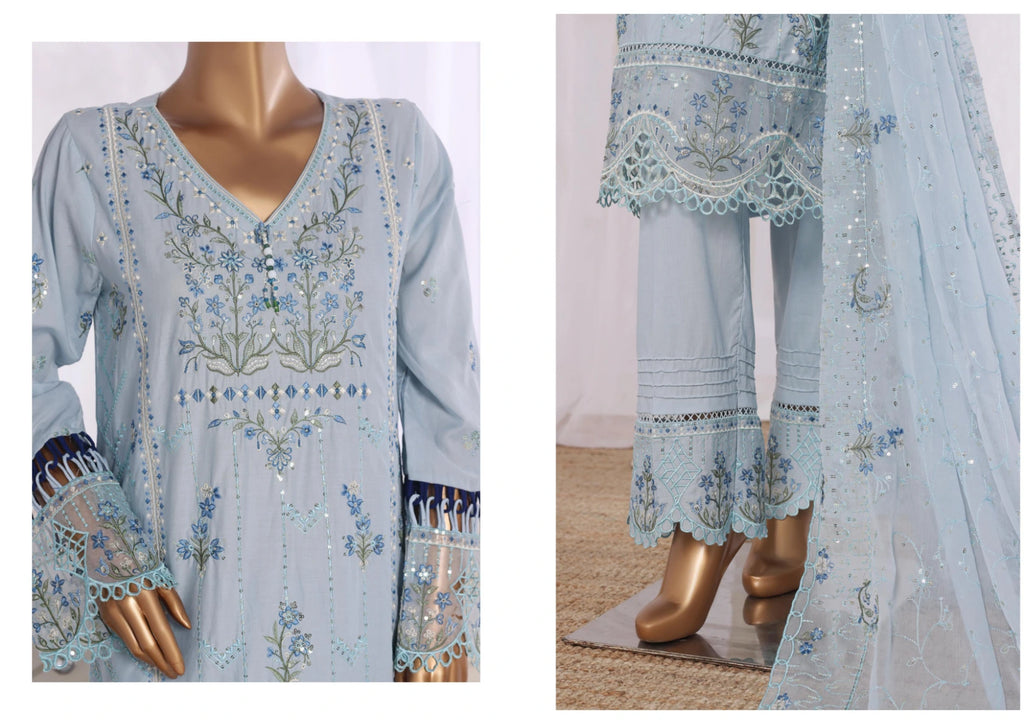 Luxury Sky Blue Embroidered 3 Piece Suit