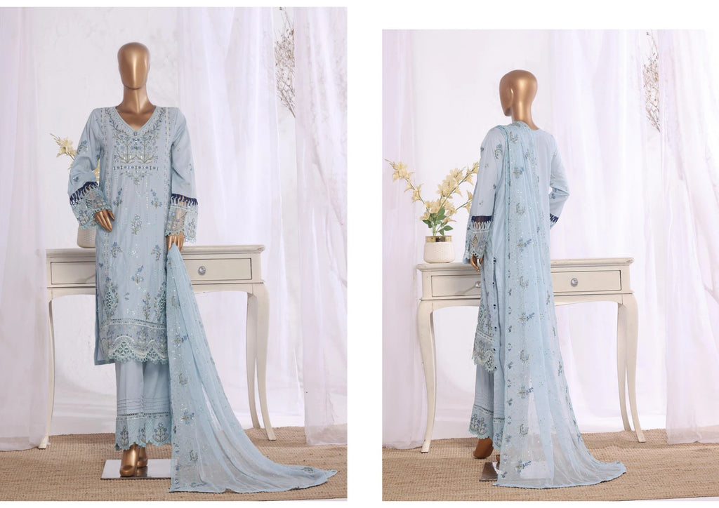 Luxury Sky Blue Embroidered 3 Piece Suit