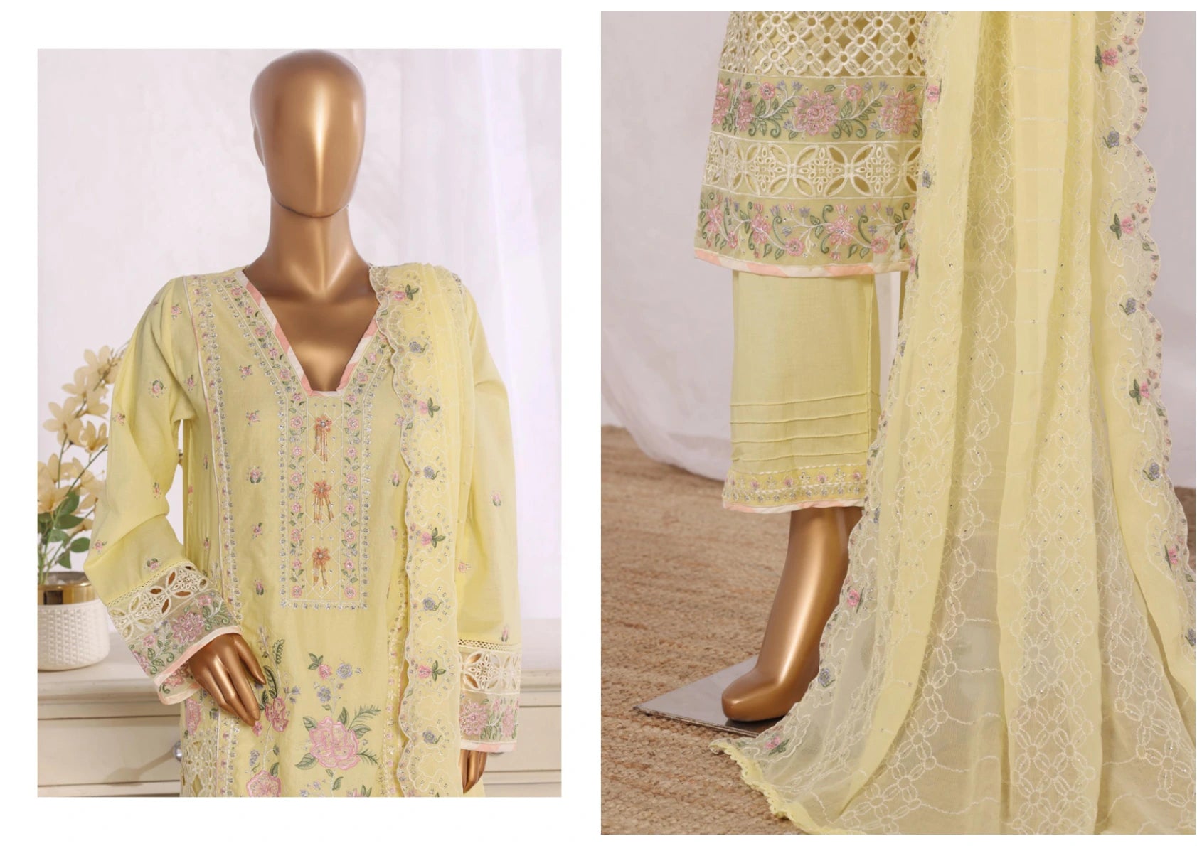 Luxury Yellow Embroidered 3 Piece Suit