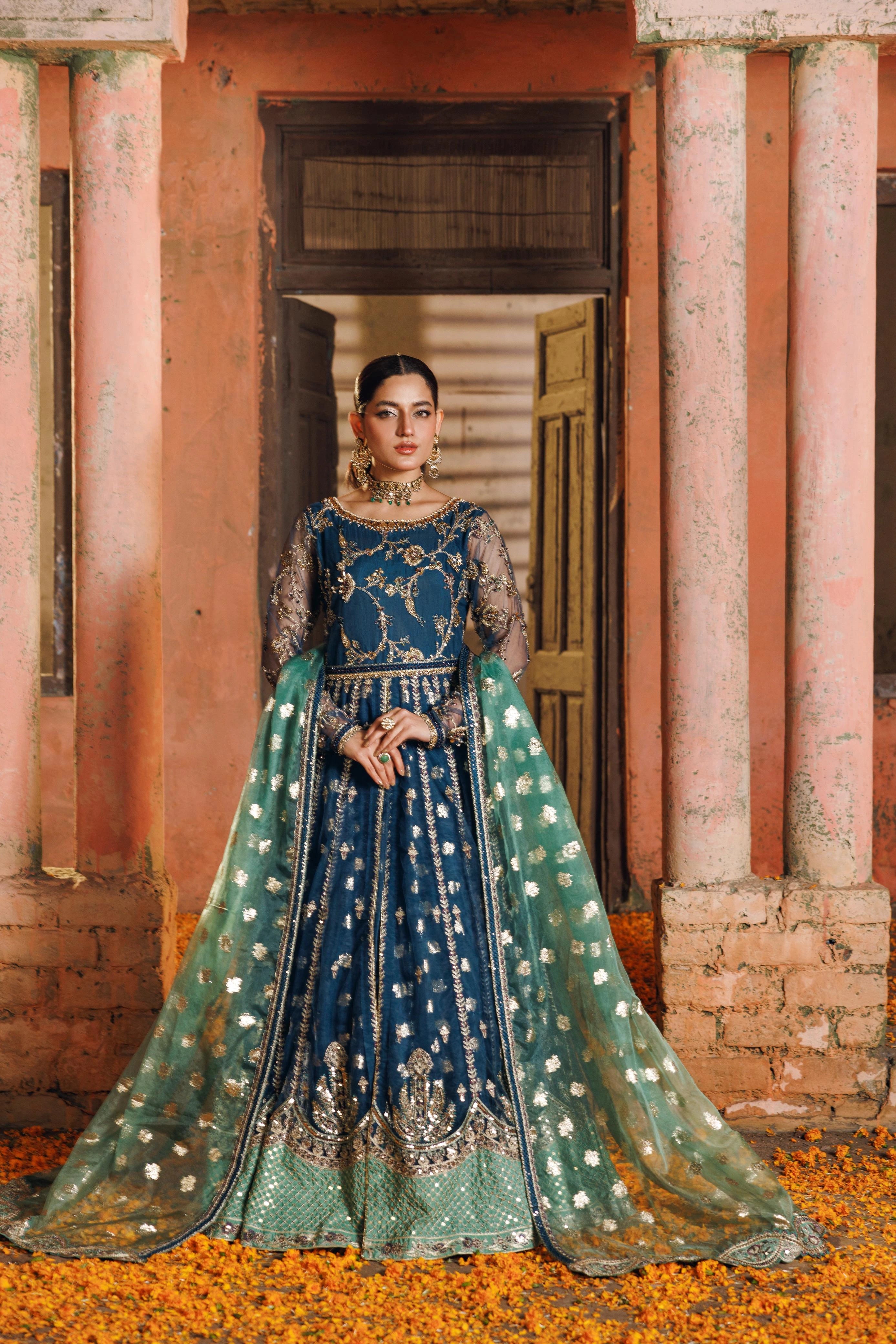 Midnight Blue Embroidered Luxury Maxi with Mint Organza Dupatta