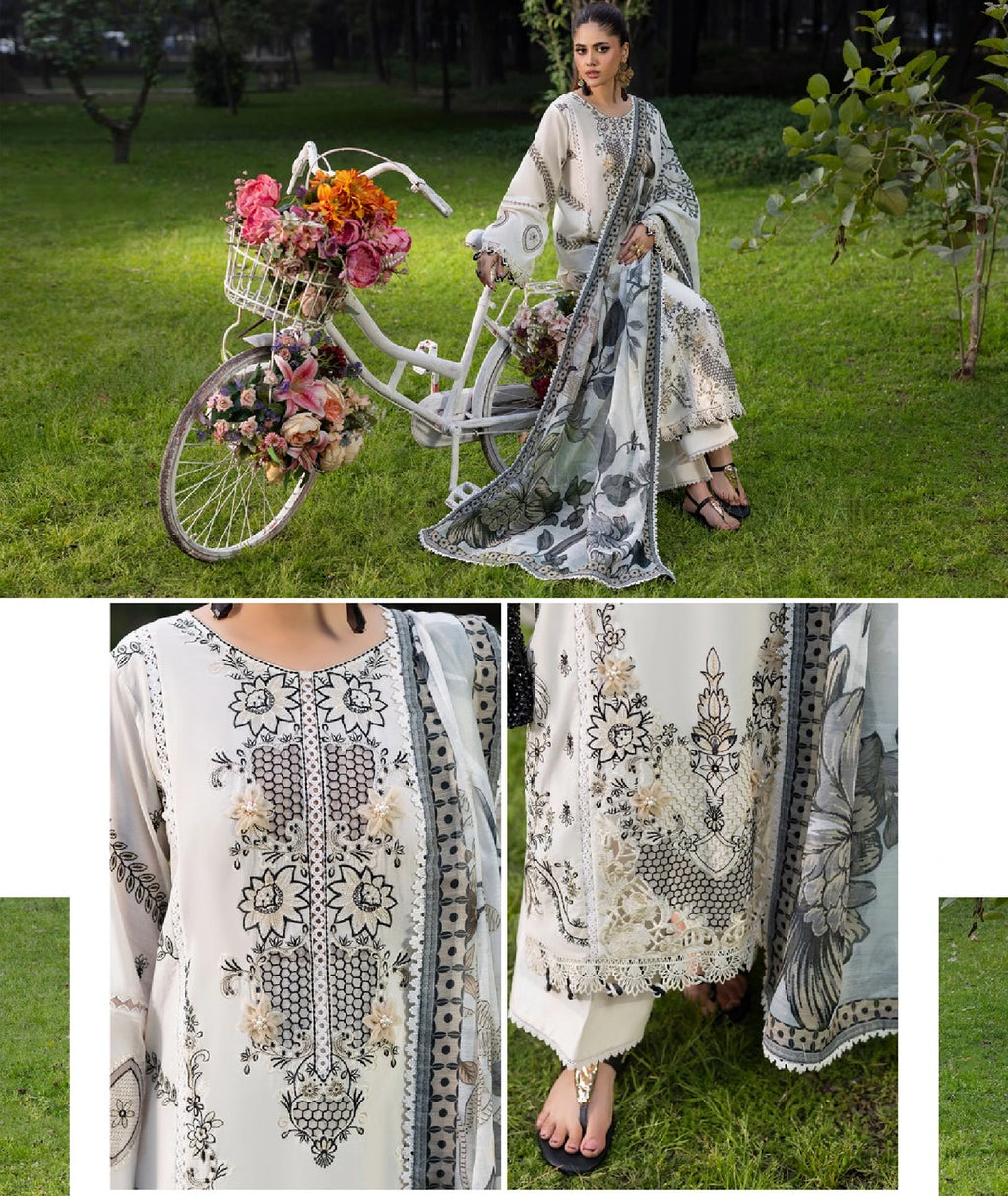 Elegant Off-White Embroidered 3-Piece Lawn Suit with Printed Dupatta