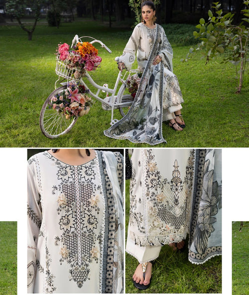 Elegant Off-White Embroidered 3-Piece Lawn Suit with Printed Dupatta