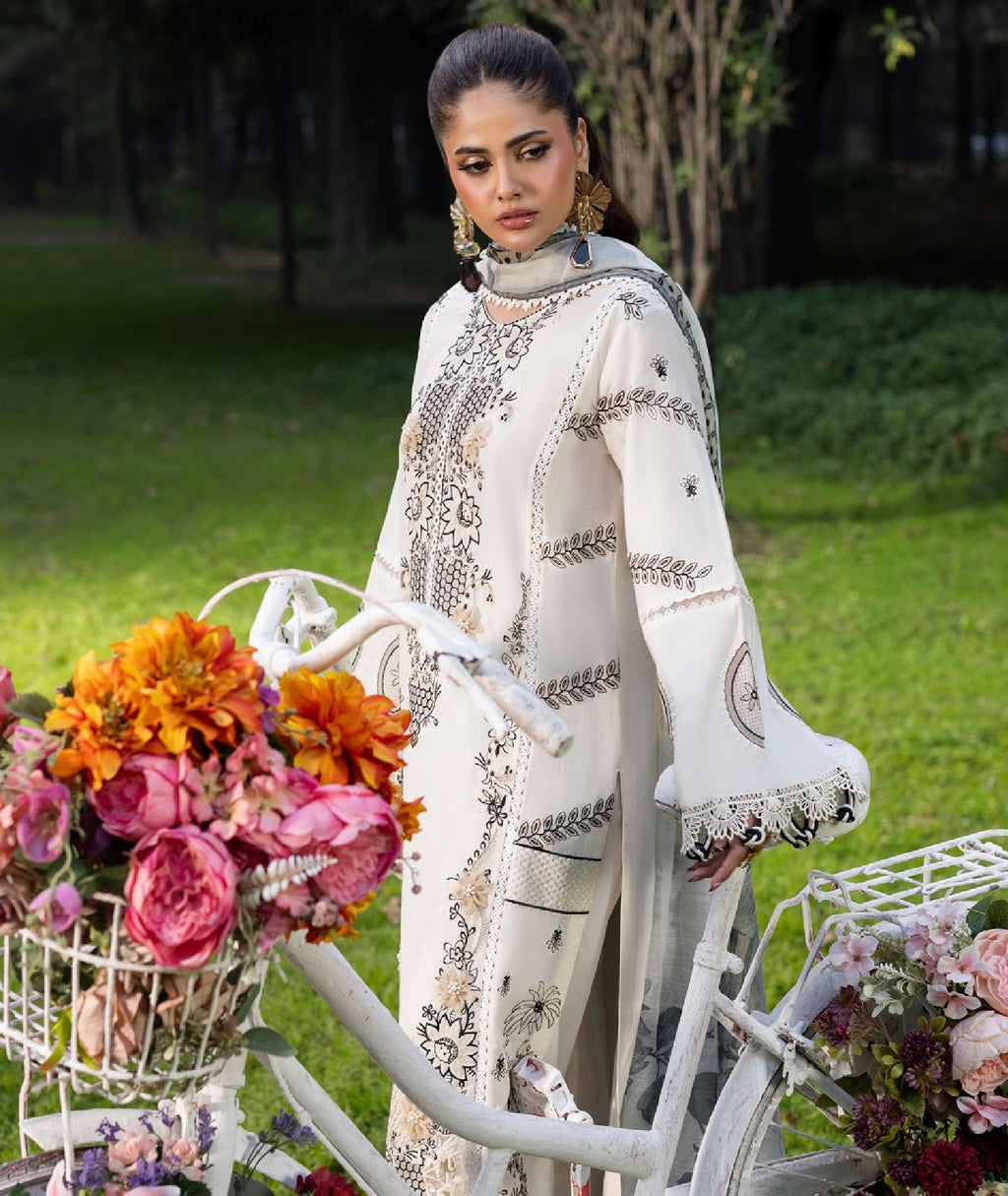 Elegant Off-White Embroidered 3-Piece Lawn Suit with Printed Dupatta