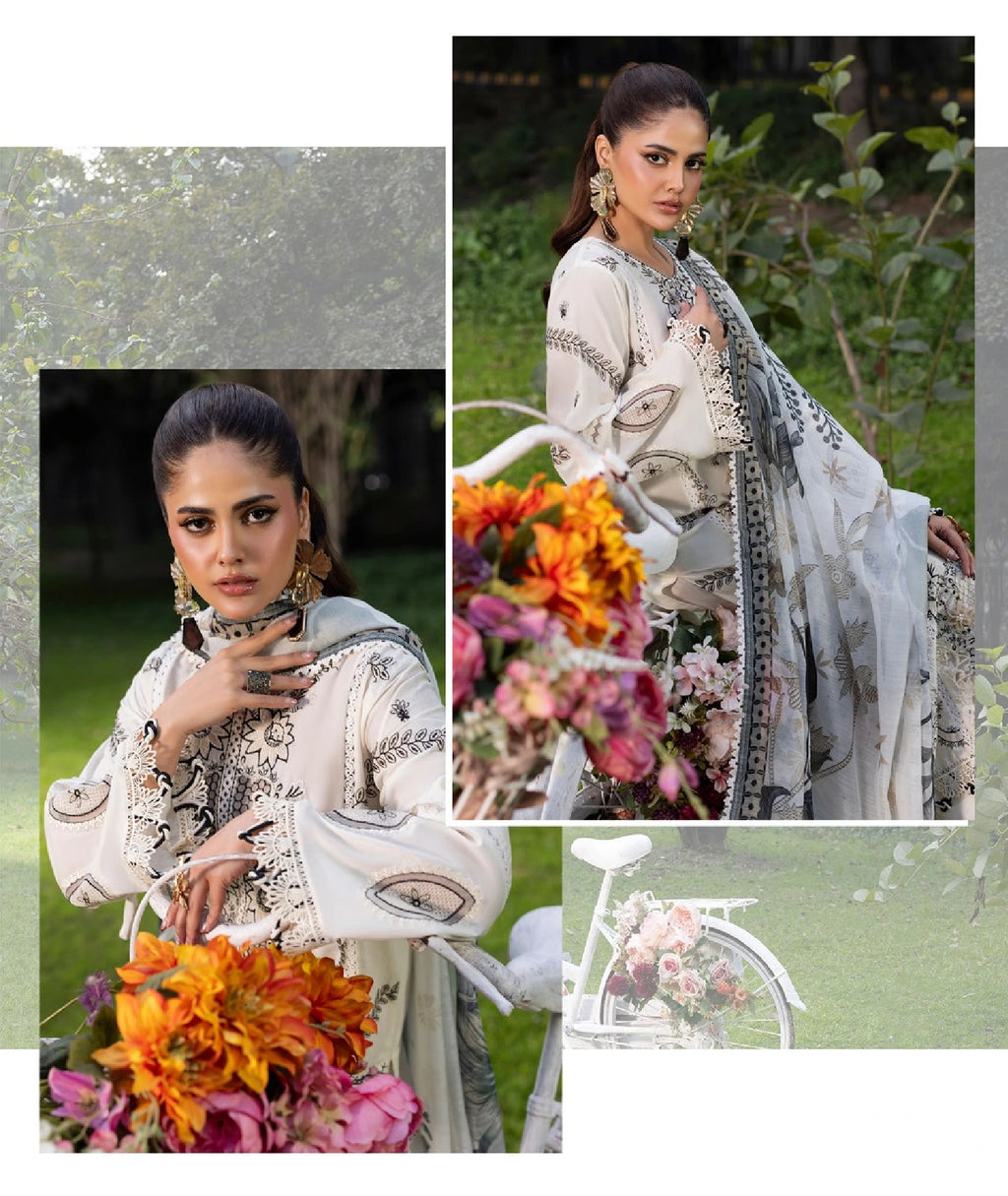 Elegant Off-White Embroidered 3-Piece Lawn Suit with Printed Dupatta