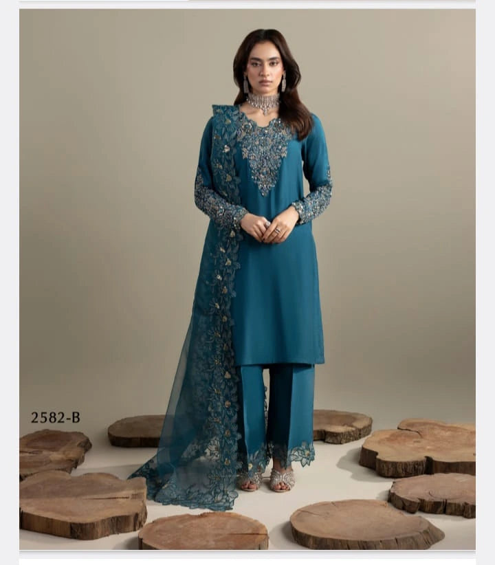 Luxury Teal Embroidered 3 Piece Suit