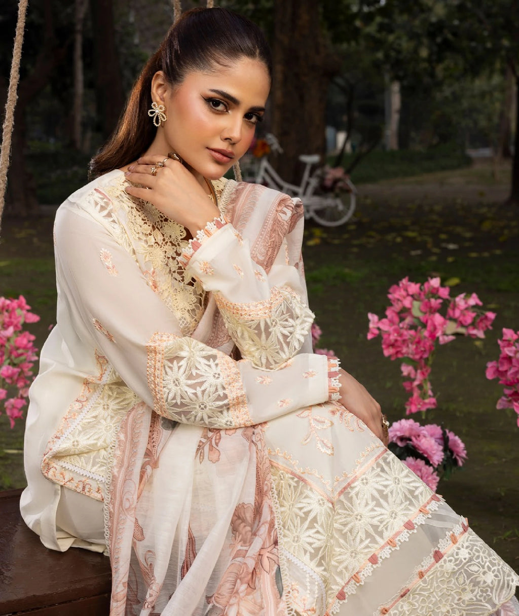 Elegant Ivory Embroidered 3-Piece Lawn Suit with Printed Dupatta | Pakistani Designer Wear