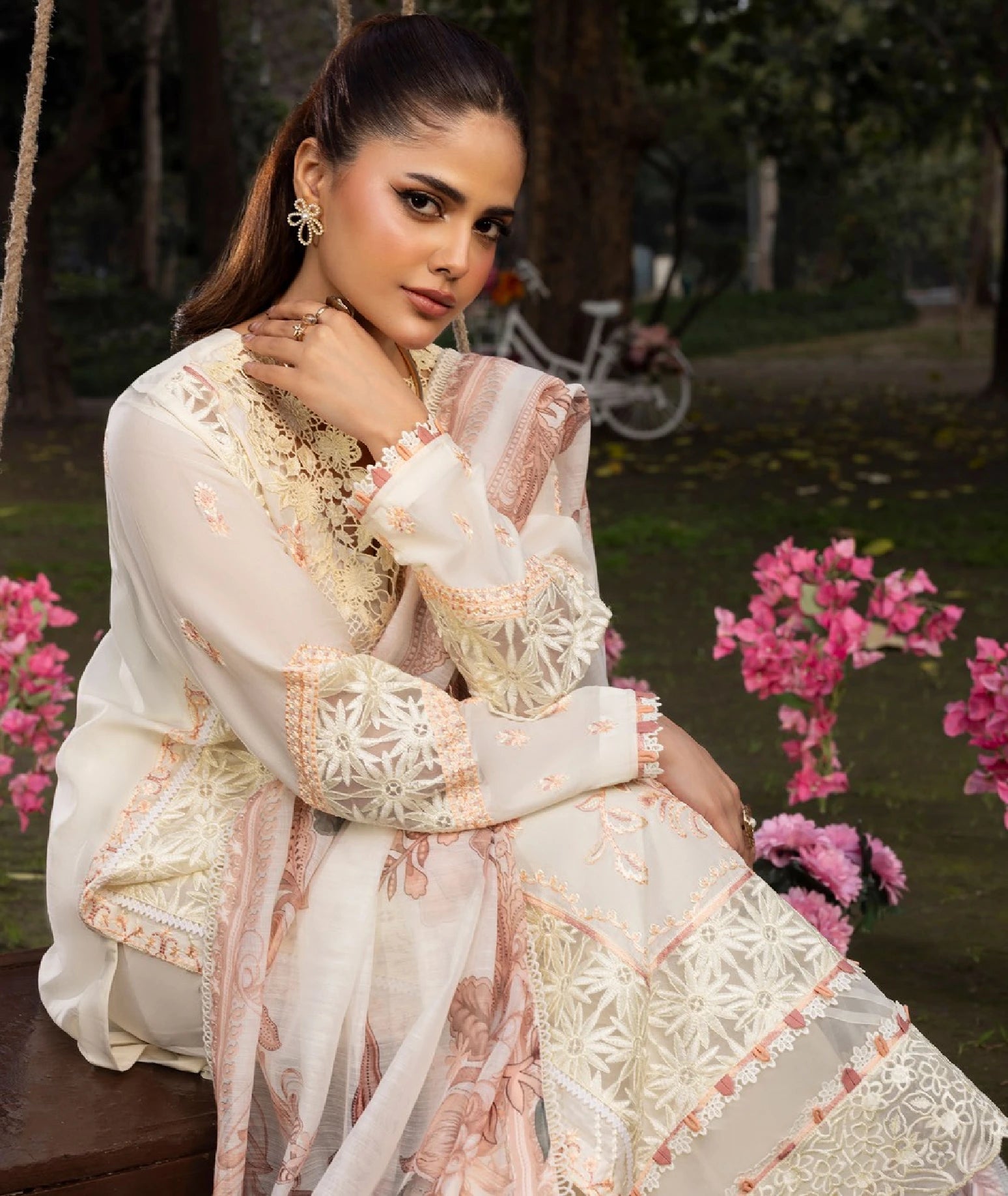 Elegant Ivory Embroidered 3-Piece Lawn Suit with Printed Dupatta | Pakistani Designer Wear