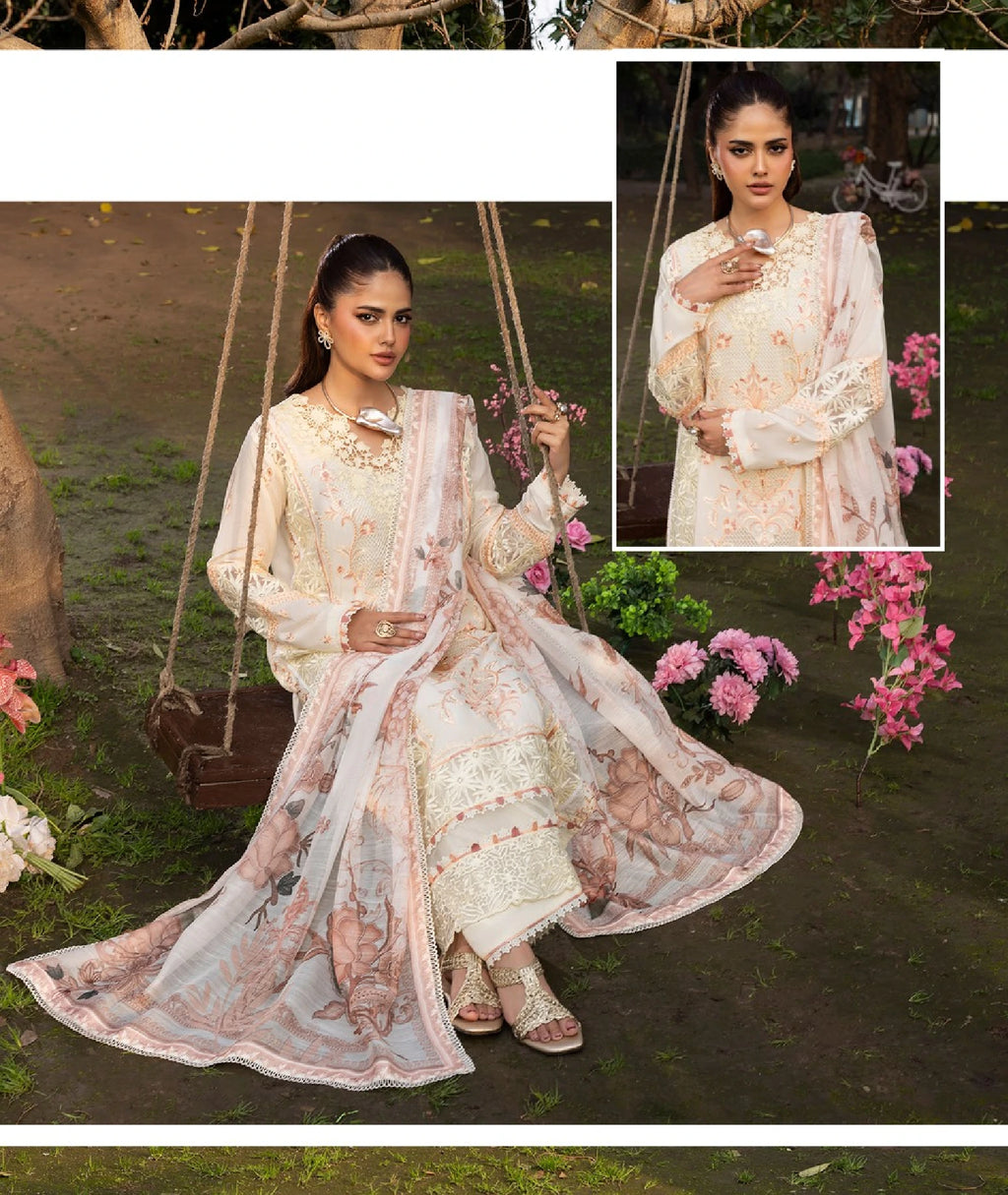 Elegant Ivory Embroidered 3-Piece Lawn Suit with Printed Dupatta | Pakistani Designer Wear